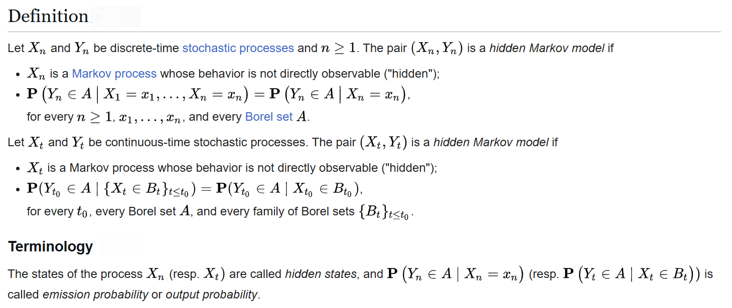 Hidden Markov Model mathematical definition showing discrete-time and continuous-time stochastic processes, emission probability, and Borel set formulation
